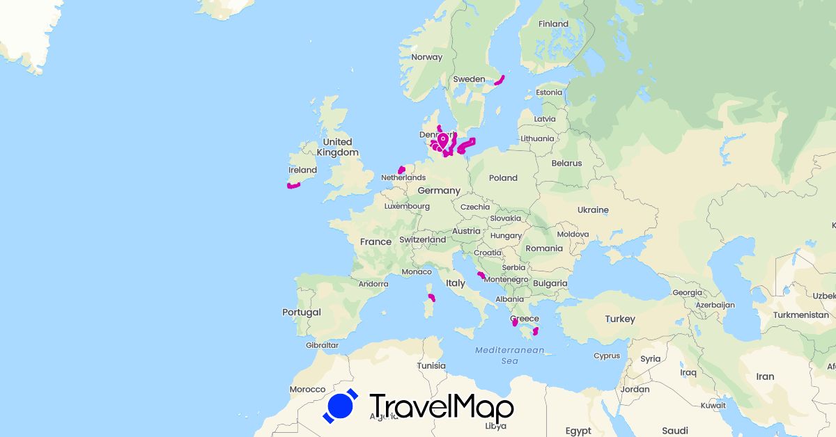 TravelMap itinerary: driving, sailing in Germany, Denmark, Greece, Croatia, Ireland, Italy, Netherlands, Sweden (Europe)