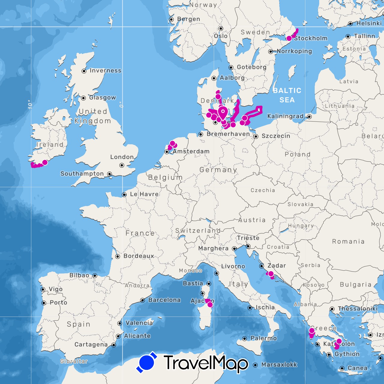 TravelMap itinerary: driving, sailing in Germany, Denmark, Greece, Croatia, Ireland, Italy, Netherlands, Sweden (Europe)
